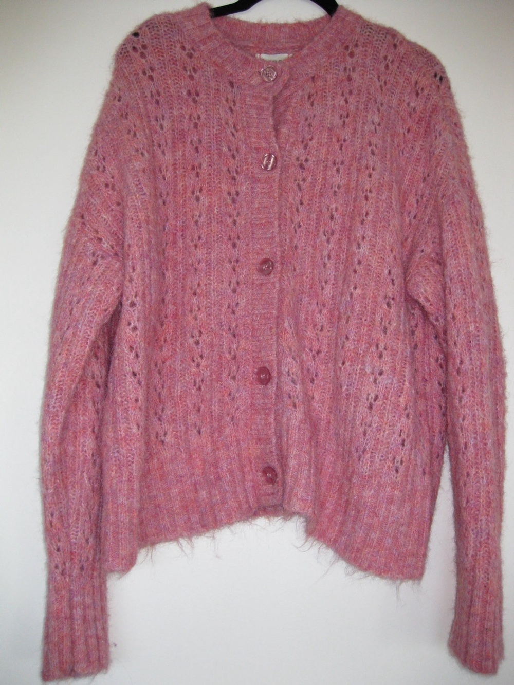 BDG Fuzzy Pink Button-Up Knit Cardigan
